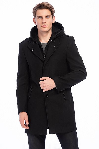 DYNAMO Men's Black Plus Size Wool Blend Cashew Hooded Coat