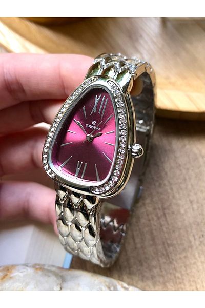 Coliseum Triangle Silver Inside Burgundy Design Women's Watch with Stone