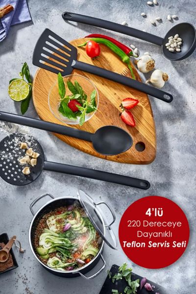 MasterCar Luxury Teflon Coating Serving Set of 4 - Fireproof and Nonstick Scoop, Colander, Spatula and Spoon