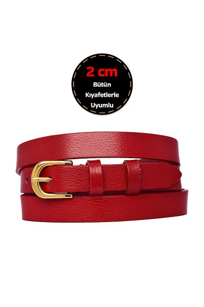 GoDeri Λεπτή κόκκινη γυναικεία ζώνη 2 cm - 100% γνήσιο δέρμα, φόρεμα με χρυσή πόρπη και ζώνη παντελονιού