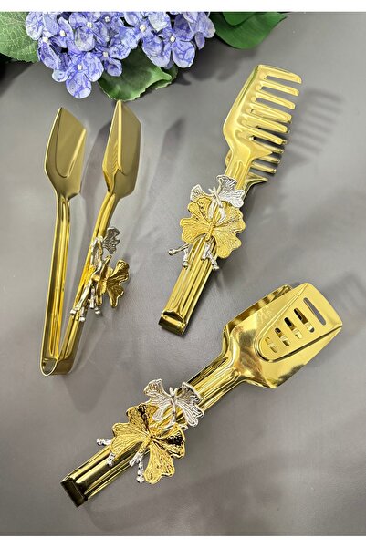 Moon Dizayn Gold Serving Tongs Set of 3 with Butterfly Accessories - Salad Pasta Pastry Tongs Set of 3