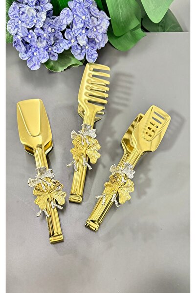 Moon Dizayn Gold Serving Tongs Set of 3 with Butterfly Accessories - Salad Pasta Pastry Tongs Set of 3