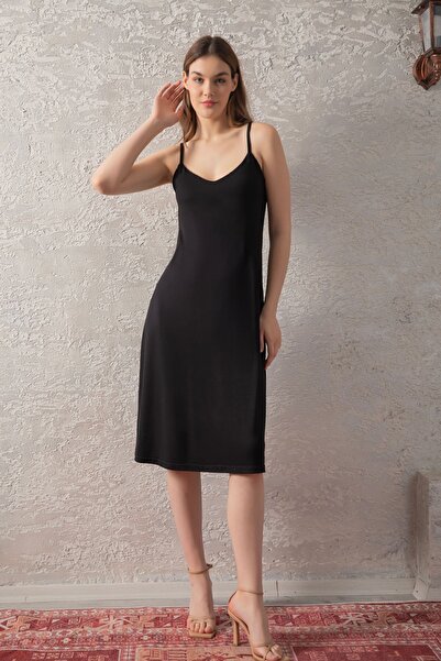 Lucky Line Kadın İnce Askılı Yazlık Sahil Siyah Viskon Penye Rahat Elbise