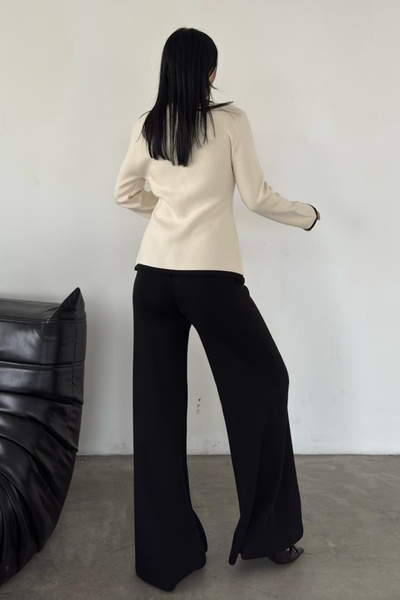 WOMAN VISION Black High Waist Pants and V-Neck Low Sleeve Ecru Cardigan Bottom Top Knitwear Suit 5200