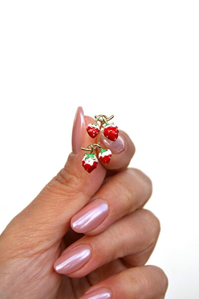 Sacce Scarves&Accessories Rodyum İkili Kırmızı Çilek Küpe Çilek Figürlü Çocuk Küpe