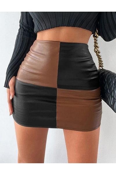 MAROVOAY Fusta mini din piele artificiala garniata neagra si bronzata
