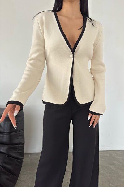 WOMAN VISION Black High Waist Pants and V-Neck Low Sleeve Ecru Cardigan Bottom Top Knitwear Suit 5200