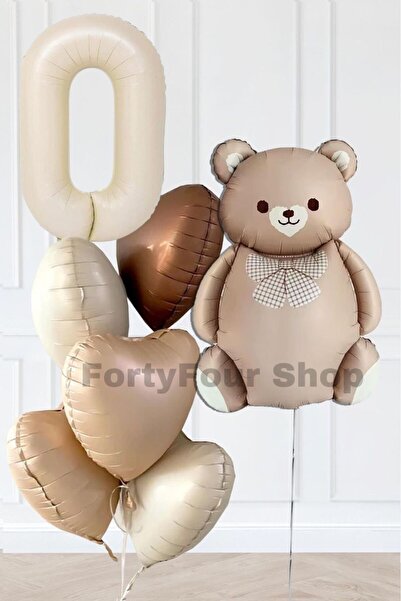 Öz-bal 0 Yaş Retro Kalpler Krem Rakam Karamel Ayı Doğum Günü Balon Seti