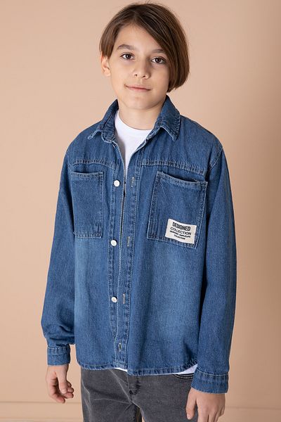 Cansın Mini Tricou cu buzunar brodat albastru pentru băiat, cu gâtul turn, cămașă de blugi 20095
