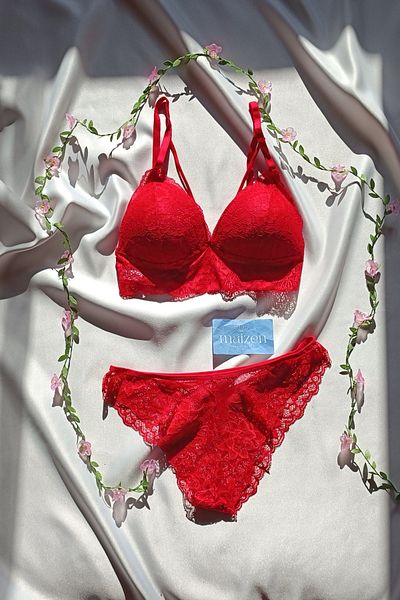 MAİZEN Red Lace Gathering Bralet and Bra Set