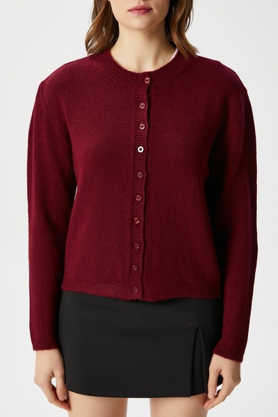 Ritnice Women's Nina Crew Neck Claret Red Basic Cardigan