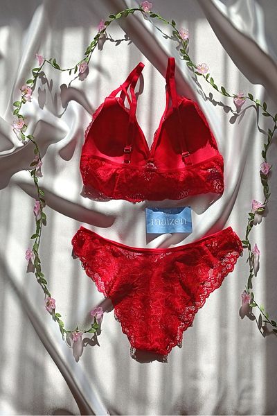 MAİZEN Red Lace Gathering Bralet and Bra Set
