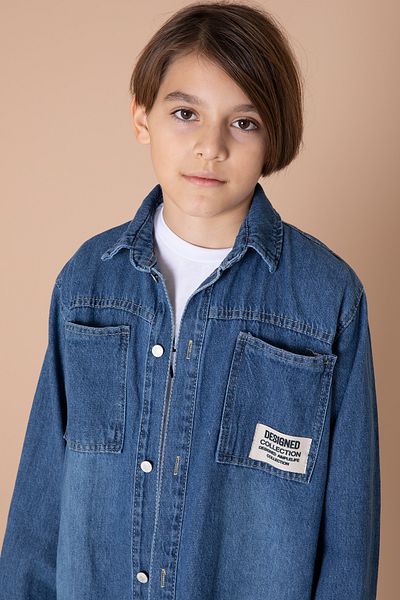 Cansın Mini Tricou cu buzunar brodat albastru pentru băiat, cu gâtul turn, cămașă de blugi 20095