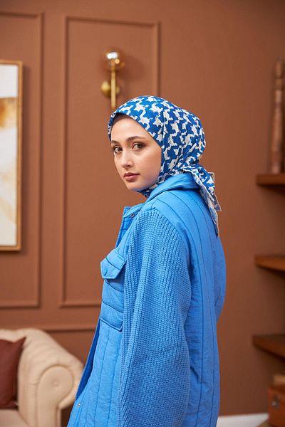 İpekhan Aura Houndstooth Soft Scarf Blue White 1155-09