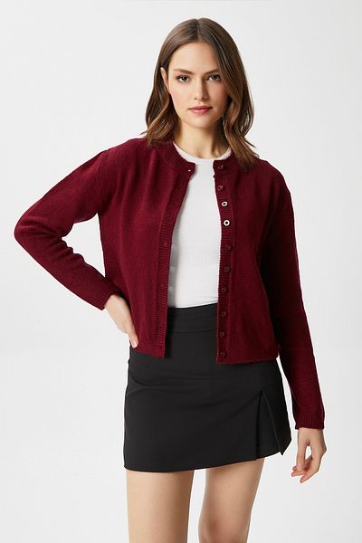 Ritnice Women's Nina Crew Neck Claret Red Basic Cardigan