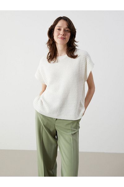 LC Waikiki Lcwaikiki Classic Ecru Crew Neck Self Pattern Oversize Women's Knitwear Sweater