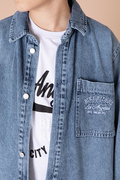 Cansın Mini Set 2 piese pentru băiat cu cămașă și tricou din denim brodat cu text albastru 20033