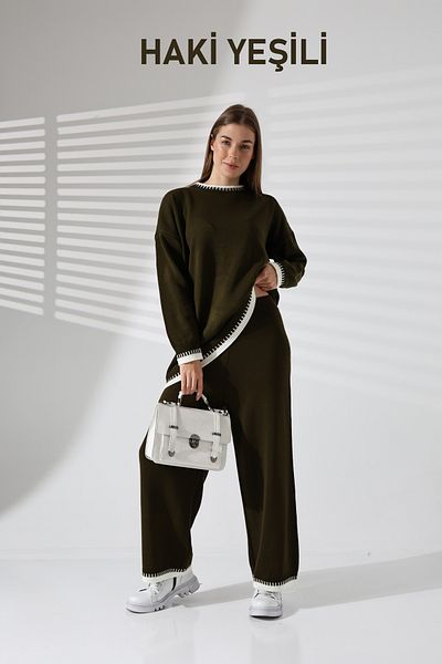 ALCHON Gât rotund, mânecă lungă, cusătură ciobanesc, pulover cu talie elastică, pantaloni, tricotaje, set din două piese