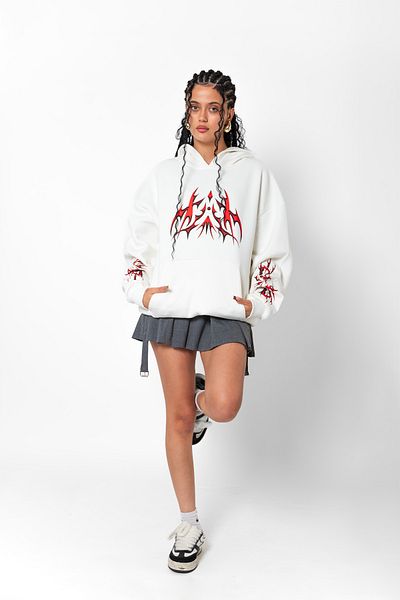 Bak Moda Holographic Red Printed Oversize Unisex Premium White Hoodie