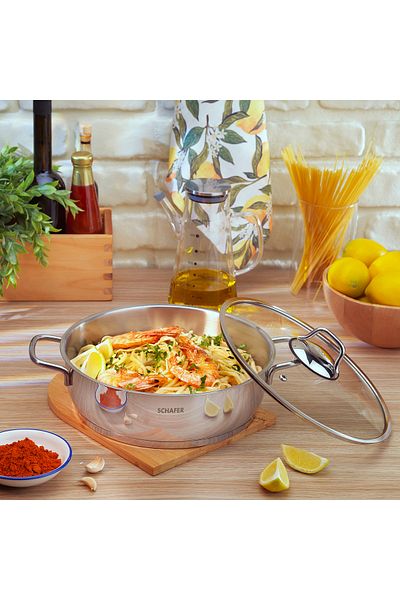 Schafer 26 cm Wide Held Steel Flat Pot - Inox