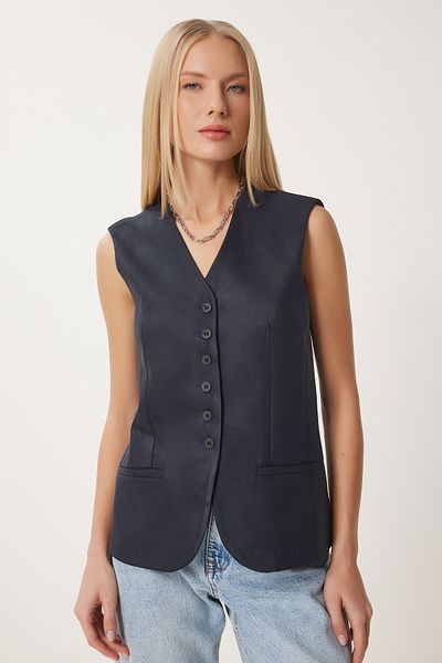 Happiness İstanbul Marineblaue Damen-Weste aus Nubukleder mit V-Ausschnitt FN03387