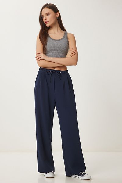 Happiness İstanbul Marineblaue, bequeme Strickhose mit weitem Bein für Damen RV00204