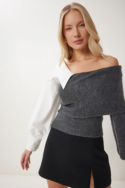 Happiness İstanbul Women's Anthracite Shirt Sleeve One Shoulder Knitwear Sweater Ns00408