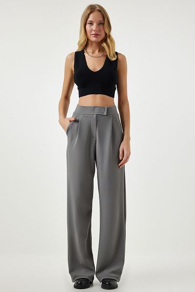 Happiness İstanbul Women's Smoked Waist Velcro Comfortable Woven Trousers RV00150