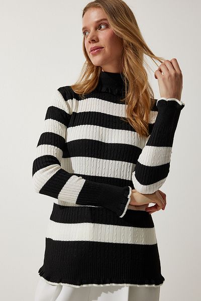 Happiness İstanbul Women's Black Ecru Turtleneck Frilly Striped Knitwear Sweater DD01269