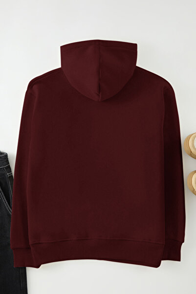 Trendyol Collection Vínová unisex mikina s kapucí s potiskem medvídka - fleece/teplá Tmnaw25Sw00210