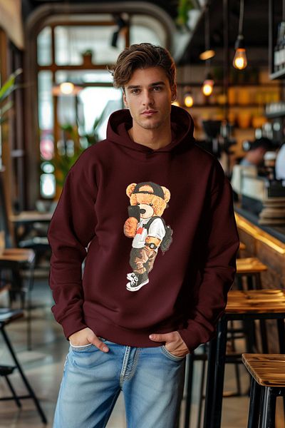 Trendyol Collection Burgunderfarbenes Unisex-Kapuzenpullover mit Teddybär-Aufdruck in Übergröße – Fleece/Warm TMNAW25SW00210
