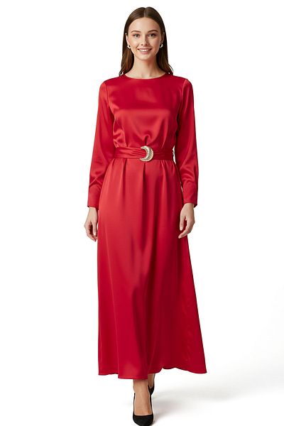 Trendyol Modest Rote, weit geschnittene Satin-Abendkleider mit Gürtel, Jalabiya-Kleid TCTSS23DB00014