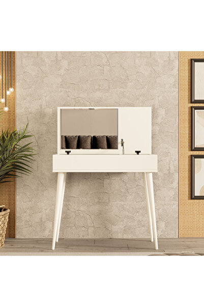 Mezza 2220 FLORA DÜŞER KAPAKLI AYNALI (AHŞAP AYAKLI) 80 CM MAKYAJ MASASI DRESUAR ÇALIŞMA MASASI BEYAZ
