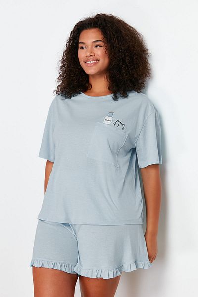Trendyol Curve Light Blue Cat Printed Knitted Pajamas Set Tbbss24Ai00035