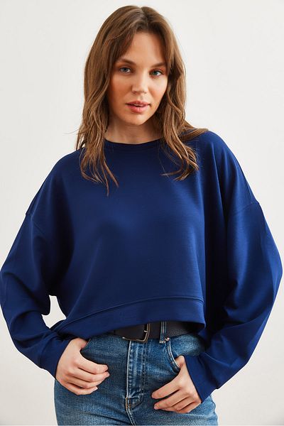 Olalook Premium Navy Blue Oversize Modal με κουμπιά γυναικεία φούτερ - SWT- 19000713