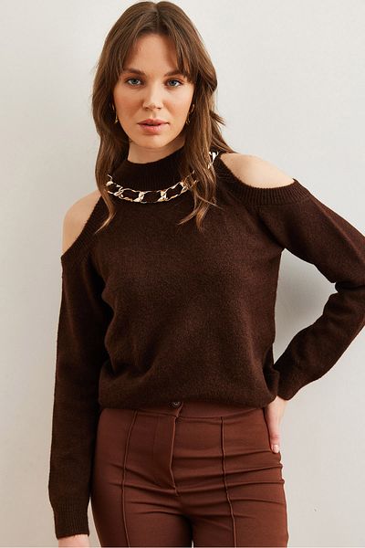 Olalook Women's Bitter Brown Thick Chain Detailed Soft Textured Knitwear Sweater Kzk- 19000877
