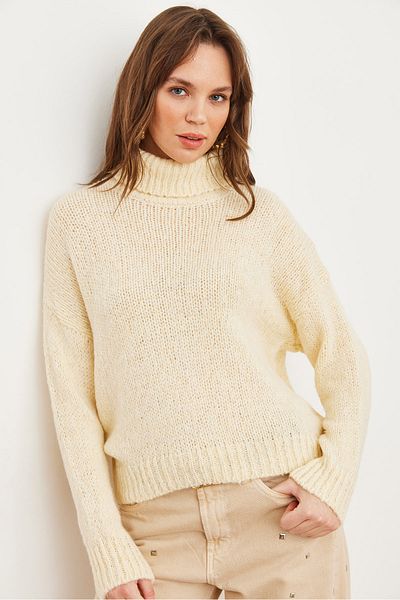 Olalook Pulover de damă cu gât crem, cu textura moale, tricotaje groase KZK- 19000936