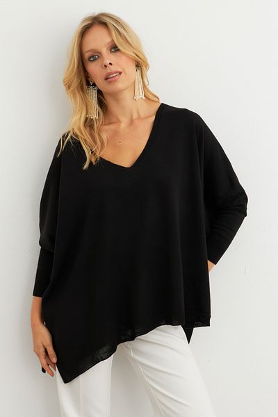 Cool & Sexy Schwarze lockere Damenbluse mit V-Ausschnitt YV304