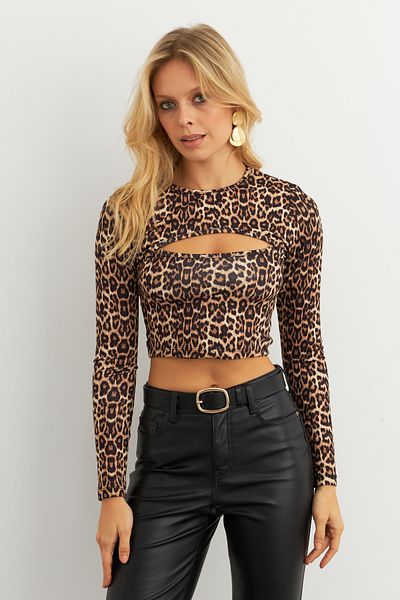 Cool & Sexy Γυναικεία Camel-Black Window Leopard Μπλούζα XL10058