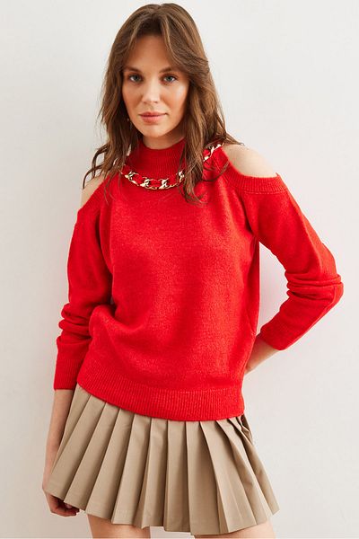 Olalook Women's Red Thick Chain Detail Soft Textured Knitwear Sweater Kzk- 19000877