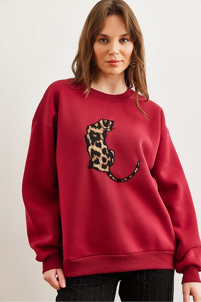 Olalook Hanorac oversize cu aplicație leopard roșu Claret pentru femei SWT- 19000698