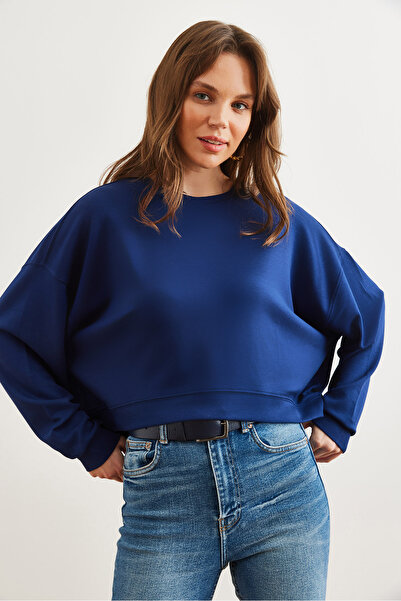 Olalook Kadın Lacivert Modal Tuşeli Premium Oversize Dökümlü Sweatshirt SWT-19000713