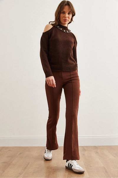 Olalook Women's Bitter Brown Single Button Front Stitched Stretchy Pants PNT- 19000310