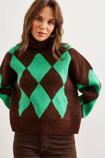Olalook Women's Green Turtleneck Diamond Pattern Oversize Knitwear Sweater Kzk- 19000941