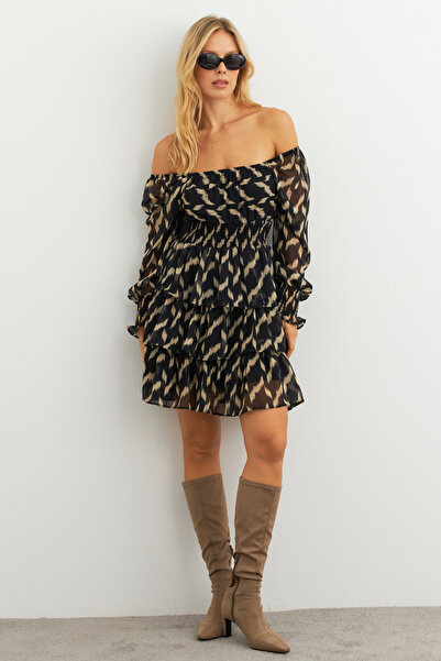 Cool & Sexy Dámské minišaty Ecru-Black Flounces šifon Ksd2831