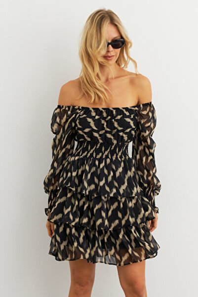Cool & Sexy Dámské minišaty Ecru-Black Flounces šifon Ksd2831