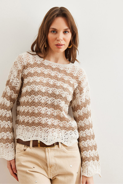 Olalook Women's White Mink Wave Stripe Openwork Knitwear Blouse Blz- 19002811