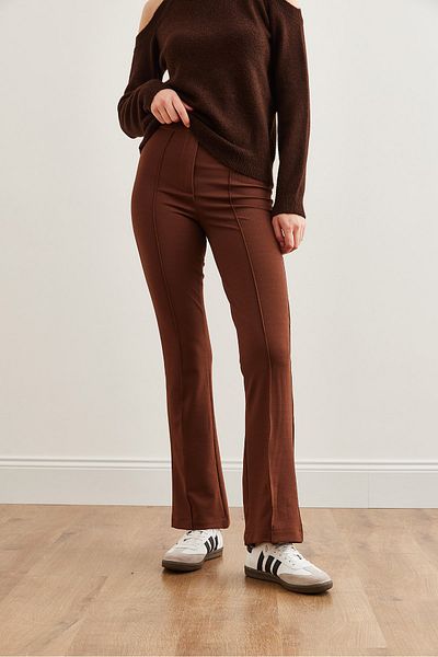 Olalook Women's Bitter Brown Single Button Front Stitched Stretchy Pants PNT- 19000310