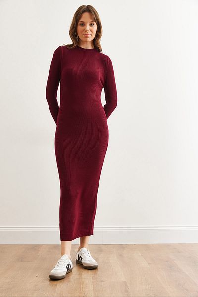 Olalook Rochie de damă, roșu Claret, cu gât roșu, cu nervuri, tricotaje maxi ELB- 19002328