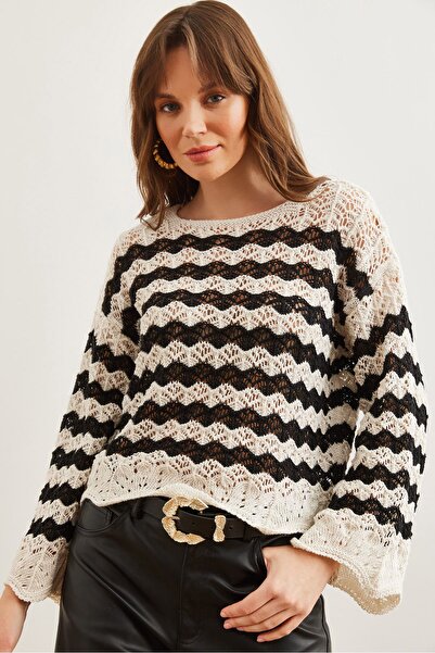 Olalook Women's White Black Wave Stripe Openwork Knitwear Blouse Blz- 19002811